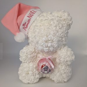 Ours blanc "Mon premier Noël rose" avec ses accessoires (personnalisable avec un prénom)